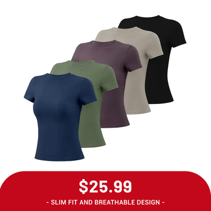 Clearance Sale ❤️TimeOFF 5Pcs Solid Sports Tee Set Round Neck Stretch Slim Women Gym Workout Tops