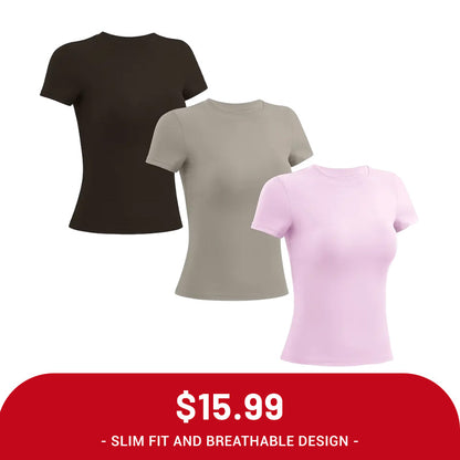 Clearance Sale ❤️TimeOFF 5Pcs Solid Sports Tee Set Round Neck Stretch Slim Women Gym Workout Tops