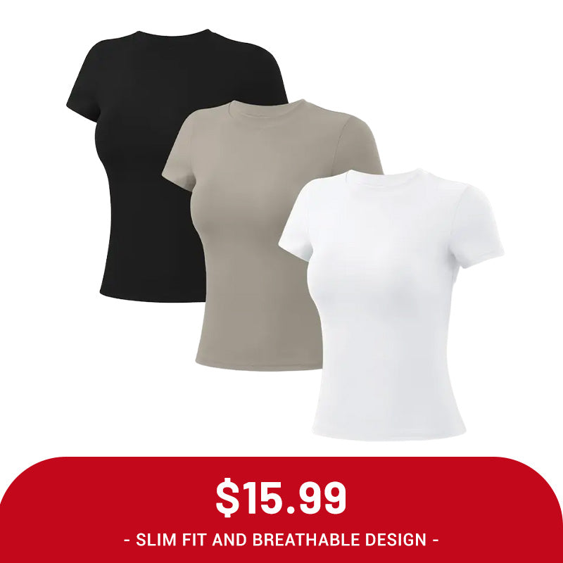 Clearance Sale ❤️TimeOFF 5Pcs Solid Sports Tee Set Round Neck Stretch Slim Women Gym Workout Tops
