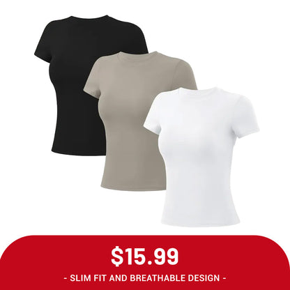 Clearance Sale ❤️TimeOFF 5Pcs Solid Sports Tee Set Round Neck Stretch Slim Women Gym Workout Tops