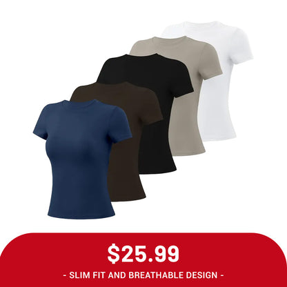 Clearance Sale ❤️TimeOFF 5Pcs Solid Sports Tee Set Round Neck Stretch Slim Women Gym Workout Tops