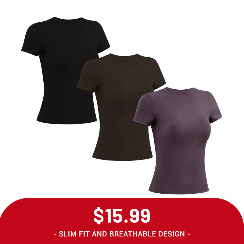 Clearance Sale ❤️TimeOFF 5Pcs Solid Sports Tee Set Round Neck Stretch Slim Women Gym Workout Tops