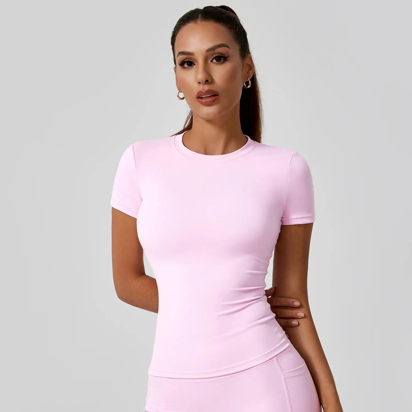 Clearance Sale ❤️TimeOFF 5Pcs Solid Sports Tee Set Round Neck Stretch Slim Women Gym Workout Tops