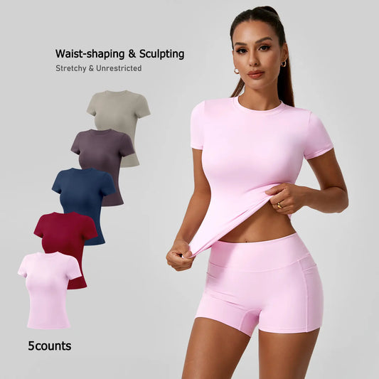 Clearance Sale ❤️TimeOFF 5Pcs Solid Sports Tee Set Round Neck Stretch Slim Women Gym Workout Tops