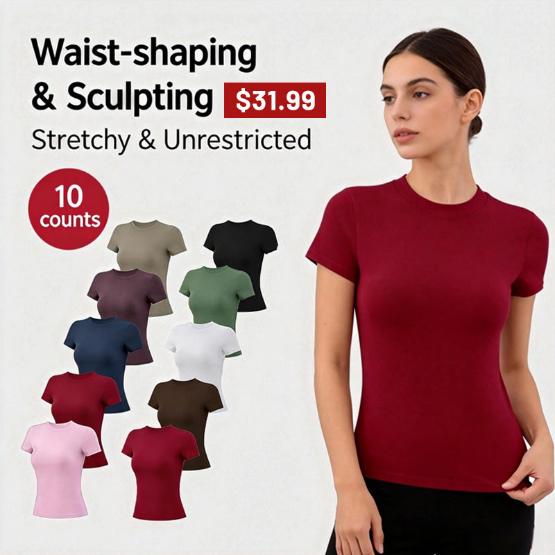 Clearance Sale ❤️TimeOFF 5Pcs Solid Sports Tee Set Round Neck Stretch Slim Women Gym Workout Tops